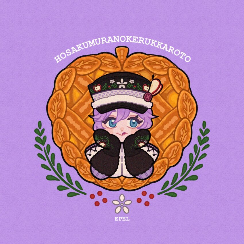 1boy, androgynous, apple_pie, blue_eyes, epel_felmier, epel_felmier_(applepom), food, highres, licking_lips, looking_at_viewer, male_focus, mittens, pie, purple_background, purple_hair, short_hair, solo, tbr0009, tongue, tongue_out, translation_request, twisted_wonderland, upper_body