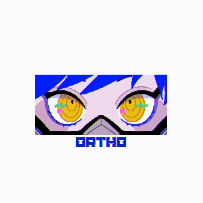 1boy, blue_hair, eye_focus, highres, looking_at_viewer, male_focus, mask, ortho_shroud, pixel_art, respirator, ringed_eyes, simple_background, solo, tbr0009, twisted_wonderland, white_background, yellow_eyes