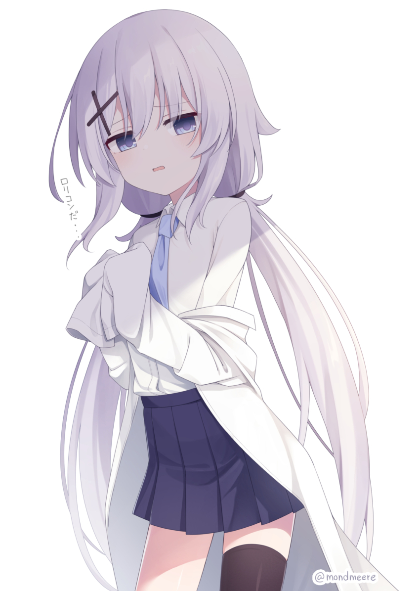 1girl, black_thighhighs, blue_necktie, blue_skirt, commentary_request, cross_hair_ornament, disgust, hair_between_eyes