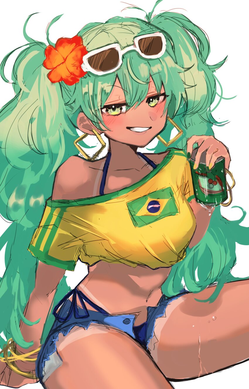 1girl, absurdres, bikini, blue_bikini, blush, brazilian_flag, brazilian_flag_print, brazilian_miku, can, dark-skinned_female, dark_skin, denim, denim_shorts, flag_print, green_eyes, green_hair, hatsune_miku, highres, holding, holding_can, long_hair, shirt, short_shorts, shorts, side-tie_bikini_bottom, simple_background, single_bare_shoulder, single_off_shoulder, sitting, sketch, smirk, solo, suzuno_woto, swimsuit, tan, tanline, tied_shirt, twintails, vocaloid, white_background, yellow_shirt
