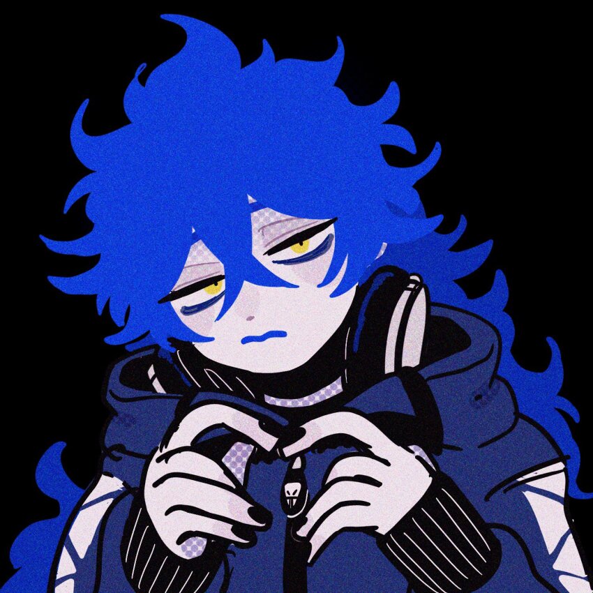 1boy, black_background, blue_hair, blue_jacket, headphones, headphones_around_neck, highres, idia_shroud