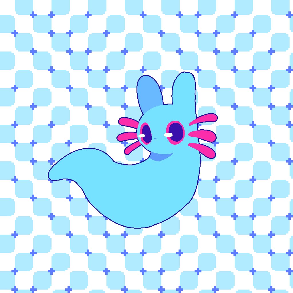 axolotl_ears, blue_background, blue_fur, chinese_commentary, commentary_request, creature, illness_y910, looking_at_viewer, monster, no_feet, no_hands, no_humans, no_mouth, optical_illusion, pink_eyes, pixel_art, primrose_field_illusion, rain_world, rivulet_(rain_world), slugcat, white_background