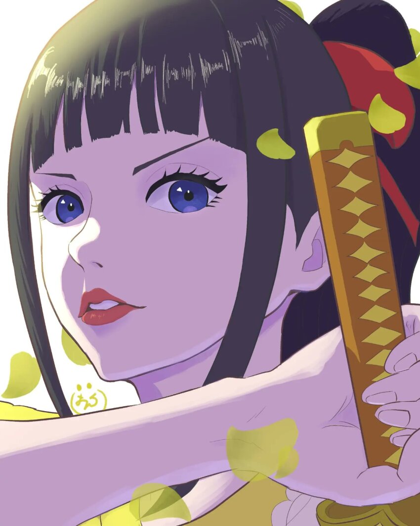 1other, black_hair, blue_eyes, blunt_bangs, commentary_request, hair_ornament, hair_ribbon, highres