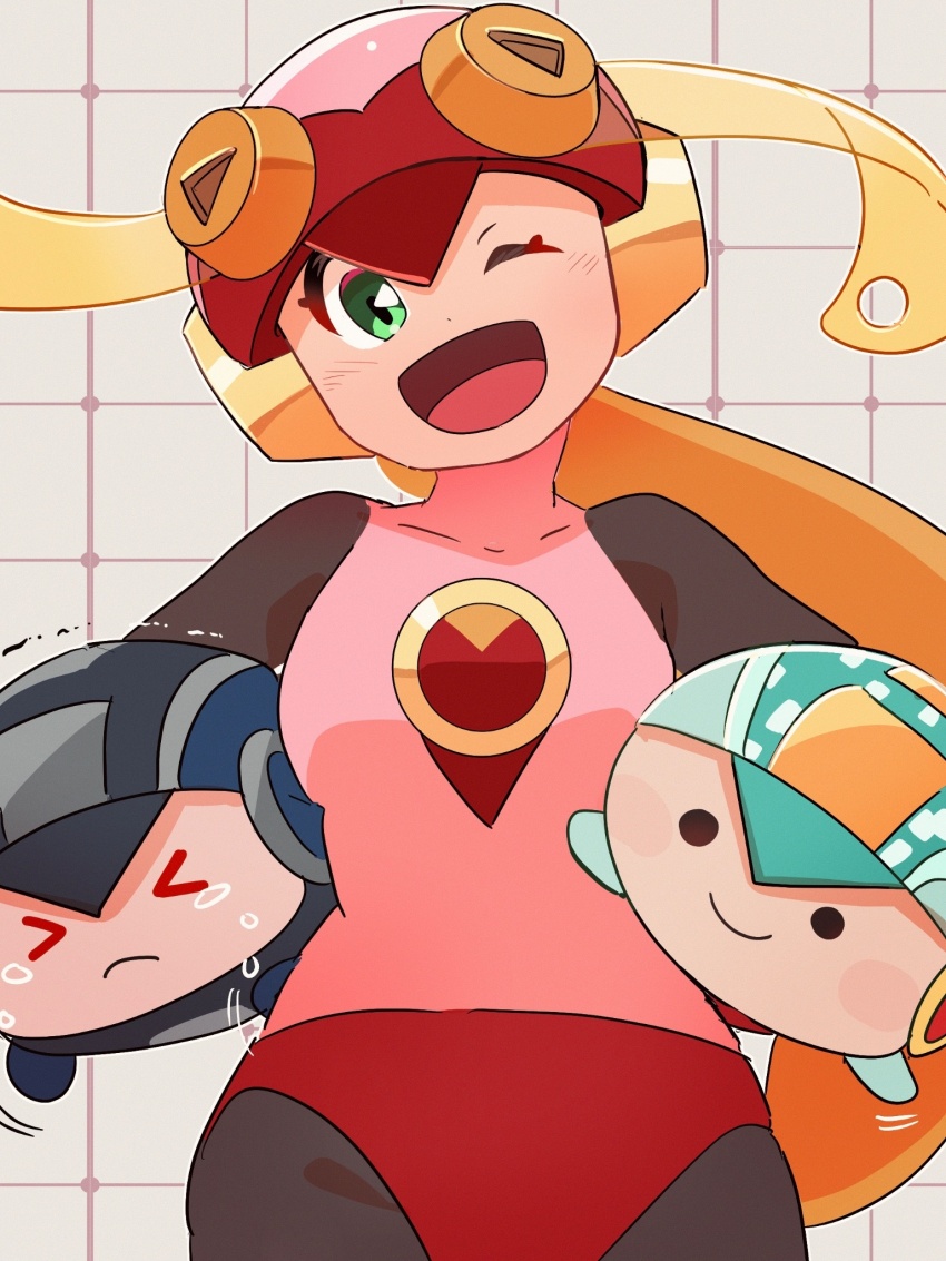 1girl, 3suisousui, black_bodysuit, blonde_hair, bodysuit, cowboy_shot, dark_megaman.exe, green_eyes, helmet, highres, leotard, long_hair, mega_man_(series), mega_man_battle_network_(series), megaman.exe, one_eye_closed, pink_helmet, pink_leotard, roll.exe_(mega_man), solo, stuffed_toy