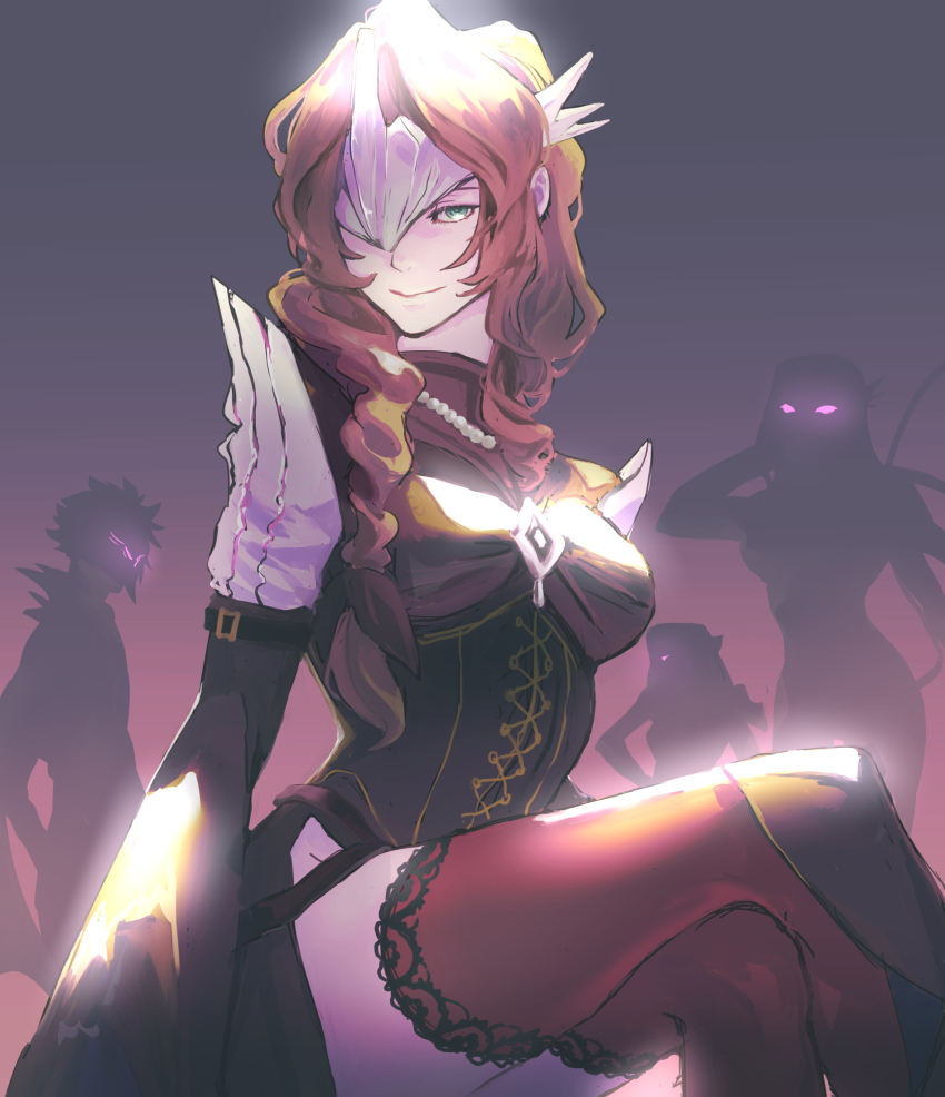 1boy, 3girls, aerith_gainsborough, aerith_gainsborough_(bahamut_robe), armor, black_corset, black_sleeves, braid