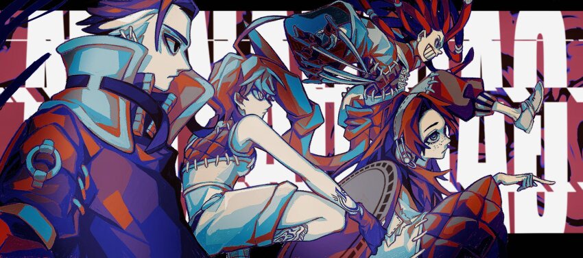 2boys, 2girls, ahoge, androgynous, black_hair, capri_pants, claw_(weapon), claws, cthoni_andor, dreadlocks, expressionless, fake_claws, freckles, from_side, frown, gachiakuta, grin, headphones, high_collar, highres, huge_ahoge, jabber_wonger, leg_up, limited_palette, long_claws, long_hair, long_sleeves, manhole_cover, momoa_rukel, multicolored_hair, multiple_boys, multiple_girls, opposing_sides, pants, parody, patchwork_clothes, pointing, profile, serious, short_hair, smile, stitches, style_parody, tom_tom_000, two-tone_hair, urana_kei_(style), weapon, white_hair, wide_sleeves, zodyl_typhon