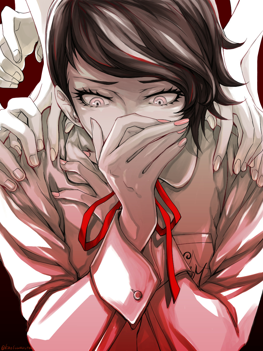 1girl, black_hair, covering_own_mouth, disembodied_hand, eyelashes, hand_over_own_mouth, highres, hiromine_yoko, kaosuwaruta, long_sleeves, ribbon, shin_megami_tensei, shin_megami_tensei_v, shin_megami_tensei_v:_vengeance, short_hair, solo