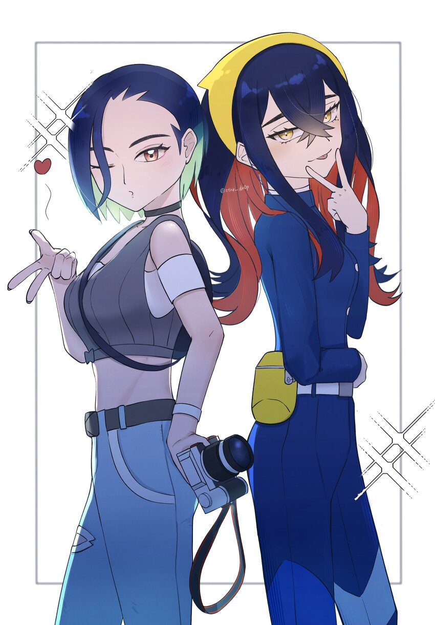 2girls, absurdres, back-to-back, belt, between_breasts, black_bag, black_belt, black_choker