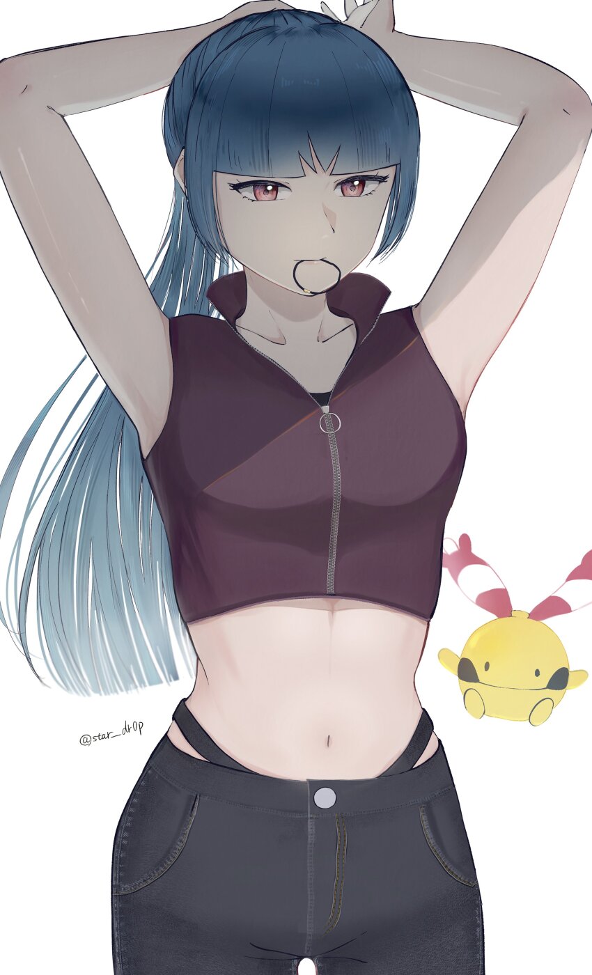 1girl, absurdres, alternate_costume, alternate_hairstyle, arms_up, black_panties, black_pants, blue_hair, breasts, chingling, closed_mouth, collarbone, cowboy_shot, crop_top, dark_blue_hair, gen_4_pokemon, hair_tie, hair_tie_in_mouth, high_collar, highleg, highleg_panties, highres, holding, holding_own_hair, long_hair, medium_breasts, midriff, mouth_hold, navel, nintendo, panties, pants, pokemon, pokemon_(creature), pokemon_red/green/blue/yellow, ponytail, purple_shirt, red_eyes, sabrina_(pokemon), shirt, simple_background, sleeveless, sleeveless_shirt, star_dr0p, twitter_username, underwear, white_background, zipper