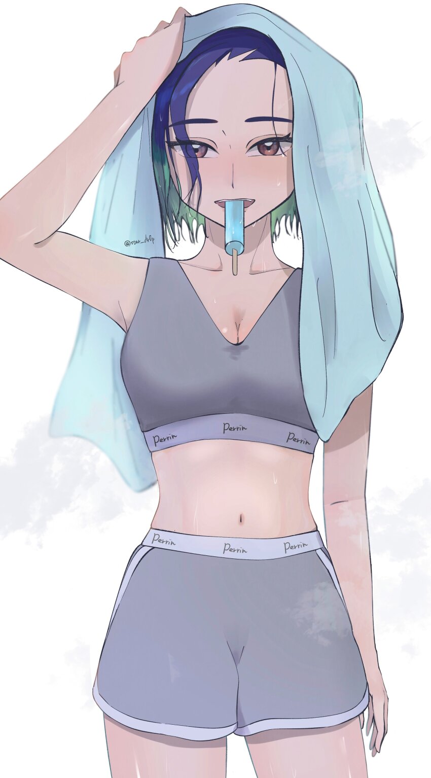 1girl, absurdres, arm_at_side, blue_hair, breasts, collarbone, cowboy_shot, dark_blue_hair, eyes_visible_through_hair, food, food_in_mouth, green_hair, grey_shorts, grey_sports_bra, hand_up, highres, looking_at_viewer, medium_breasts, multicolored_hair, navel, nintendo, open_mouth, perrin_(pokemon), pokemon, pokemon_scarlet_and_violet, popsicle, popsicle_in_mouth, red_eyes, short_hair, shorts, simple_background, solo, sports_bra, star_dr0p, steaming_body, straight-on, teeth, towel, towel_on_head, twitter_username, upper_teeth_only, wet, wet_hair, white_background