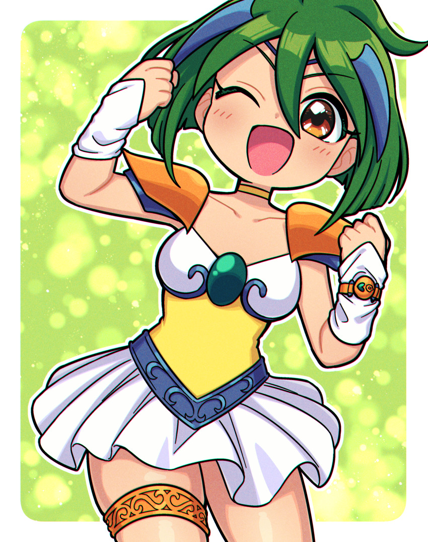 1girl, ;d, ai_tenshi_densetsu_wedding_peach, angel_daisy, brown_eyes, choker, collarbone, cowboy_shot