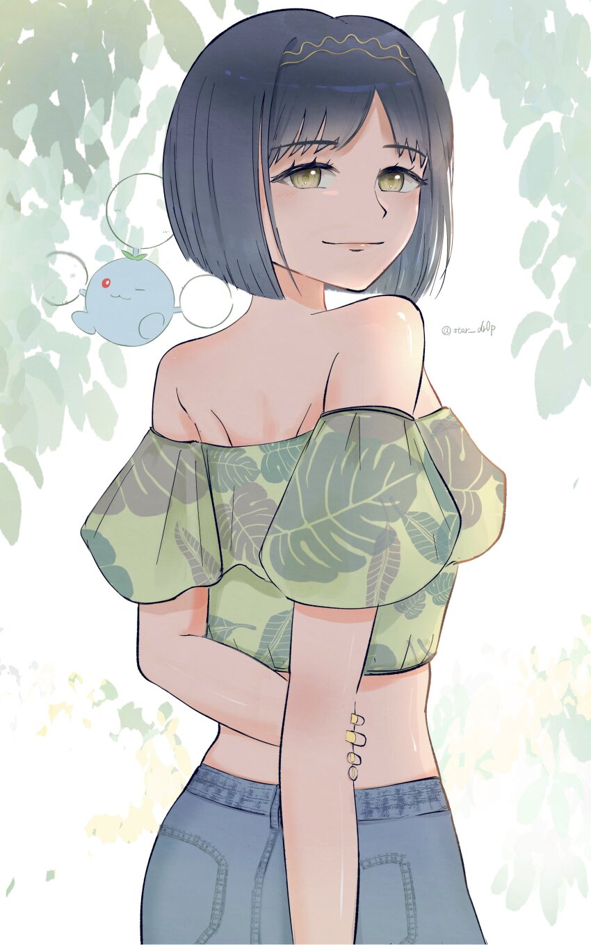 1girl, absurdres, alternate_costume, arms_behind_back, bare_shoulders, black_hair, blue_pants, breasts