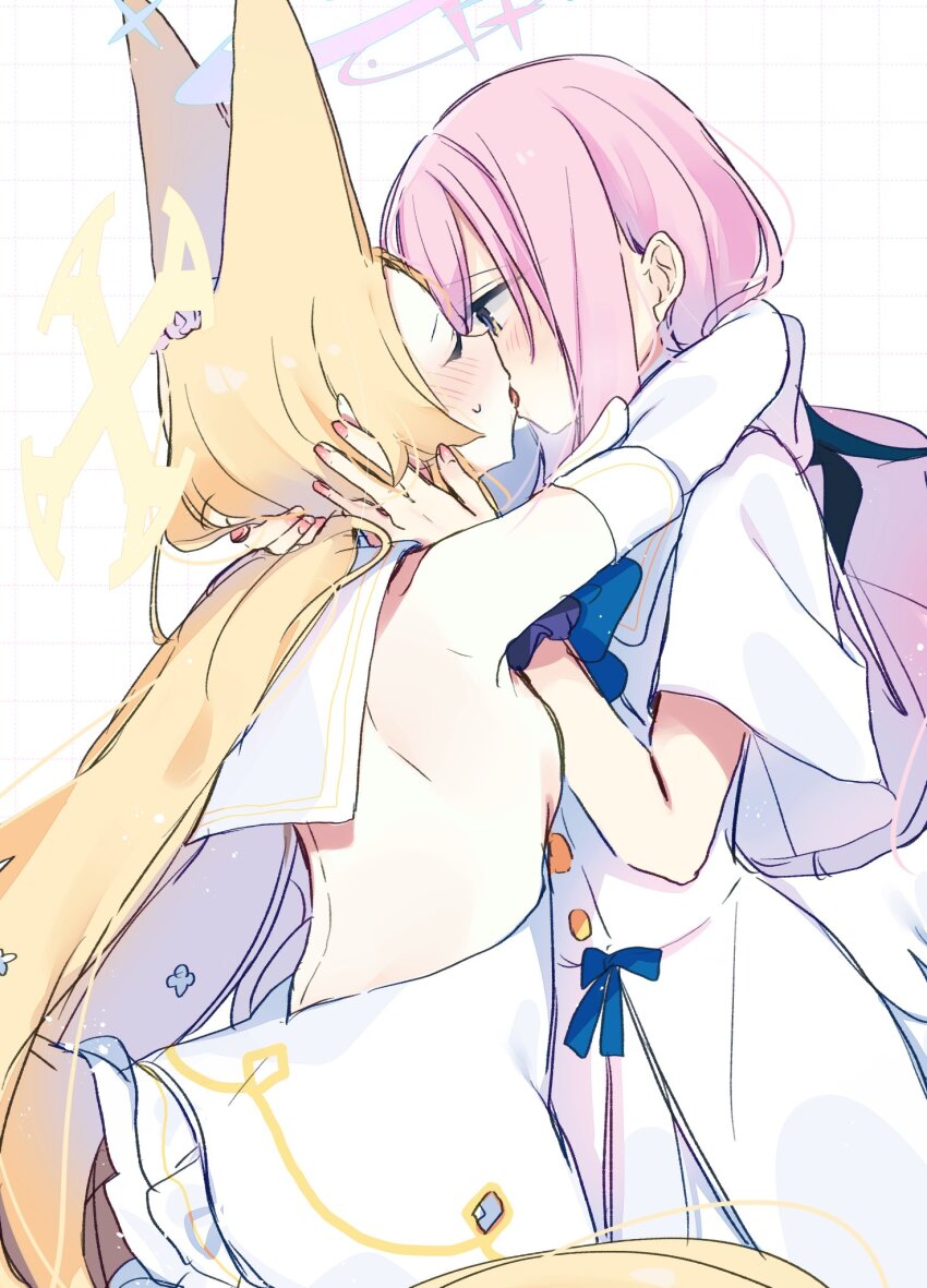 2girls, animal_ears, bare_back, blonde_hair, blue_archive, breasts, capelet, closed_eyes