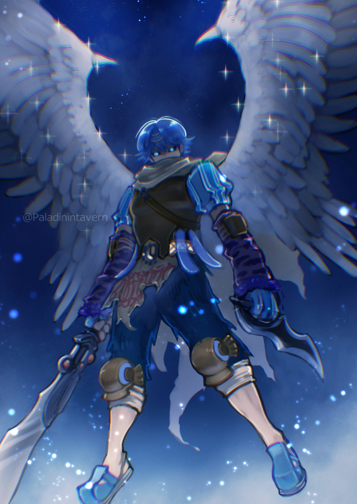1boy, arms_at_sides, baten_kaitos, black_sclera, black_wings, blue_background, blue_eyes, blue_gloves, blue_hair, blue_pants, blue_shoes, blue_theme, cape, colored_sclera, dual_wielding, full_body, gloves, holding, holding_sword, holding_weapon, izapara, kalas_(baten_kaitos), knee_armor, legs_apart, light_particles, looking_at_viewer, male_focus, pants, reverse_grip, shoes, solo, sparkle, spoilers, striped_clothes, sword, twitter_username, vertical-striped_clothes, weapon, wings