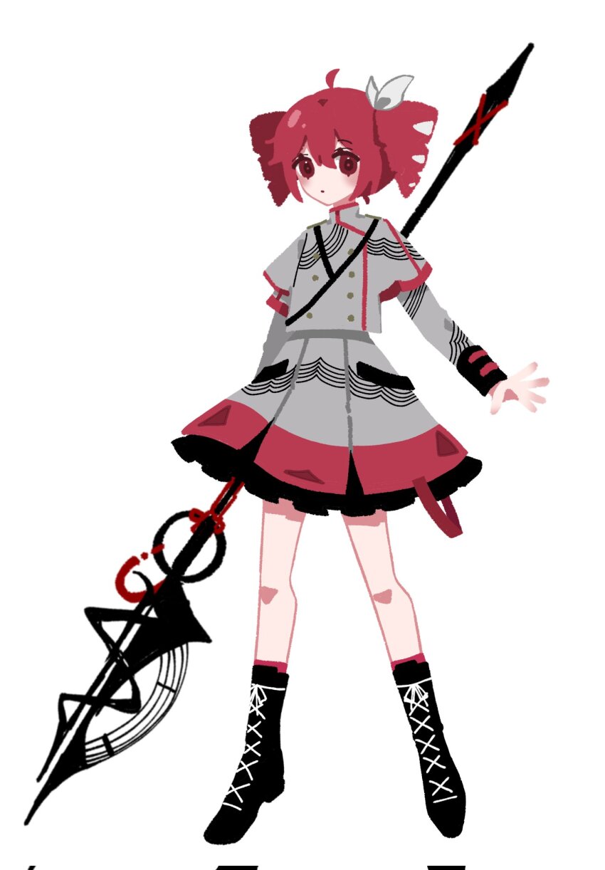 1girl, ahoge, black_boots, boots, buttons, corrupted_twitter_file, double-breasted, drill_hair