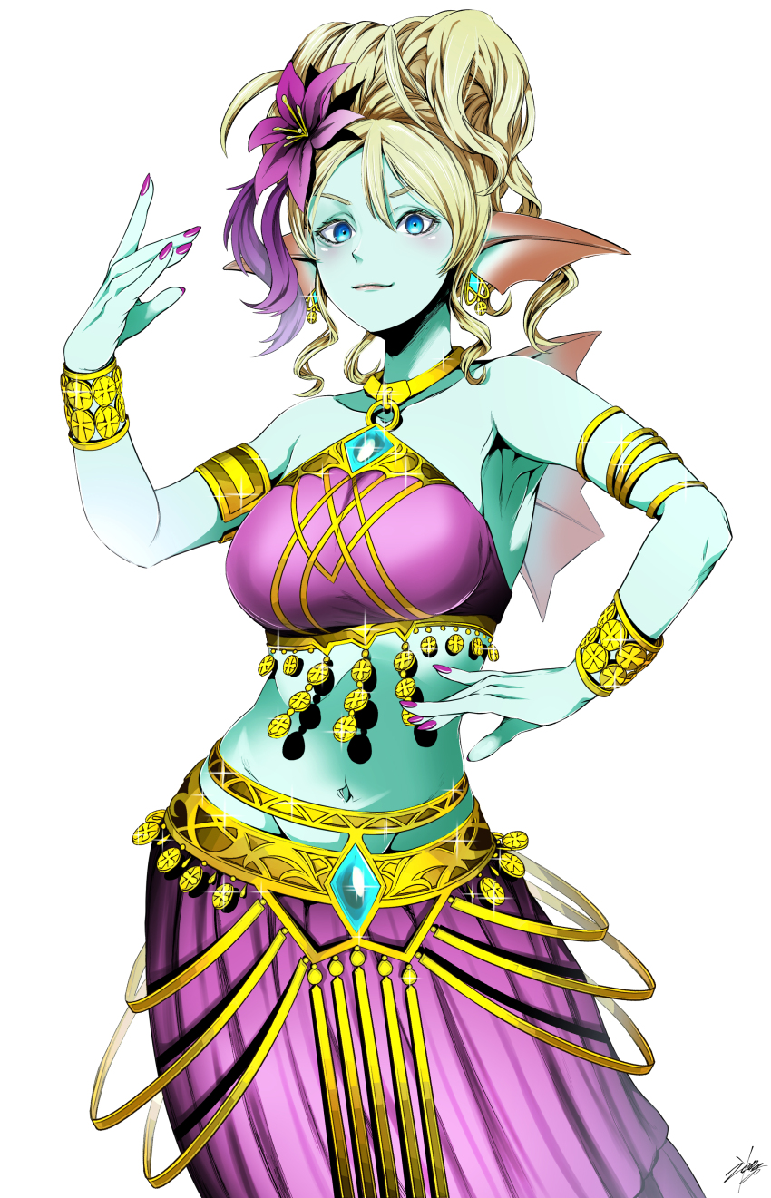 1girl, absurdres, aqua_skin, armlet, back_fin, bare_shoulders, belly_dancing, blonde_hair, blue_eyes, bracelet, breasts, colored_skin, commentary_request, cowboy_shot, curly_hair, dancer, dragon_quest, dragon_quest_x, fins, flower, gold_armlet, gold_bracelet, hair_flower, hair_ornament, head_fins, high_ponytail, highres, jewelry, kanda_mijinko, large_breasts, leine_(dq10), looking_at_viewer, midriff, navel, o-ring, o-ring_top, ponytail, purple_flower, purple_nails, purple_skirt, signature, skirt, solo, weddie_(dq10), white_background
