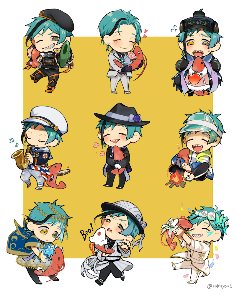 1boy, animal, animalization, beanfest_(twisted_wonderland), blue_hair, chibi, coat, floyd_leech