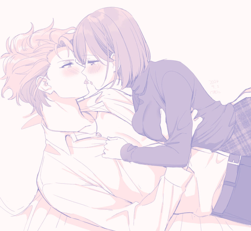 1boy, 1girl, after_kiss, artist_name, bed_sheet, belt, belt_buckle, blush