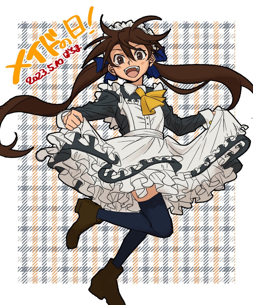 1girl, absurdres, alternate_costume, apron, ascot, battle_of_blood, black_thighhighs, boots