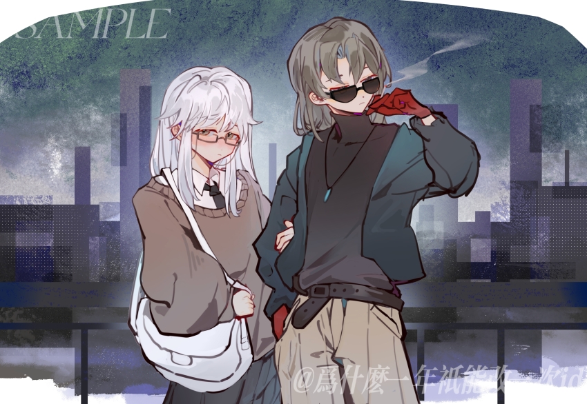 2girls, absurdres, artist_request, bag, bai_ling_(touqi_guaitan), belt, black_belt, black_sweater