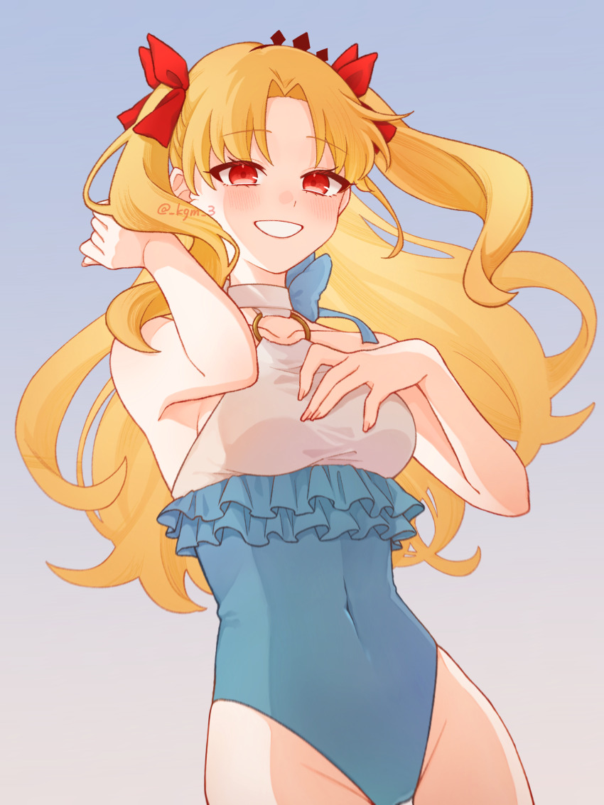 1girl, absurdres, blonde_hair, blue_one-piece_swimsuit, bow, breasts, covered_navel, ereshkigal_(fate), fate/grand_order, fate_(series), frilled_one-piece_swimsuit, frills, hair_bow, hairband, hand_in_own_hair, hand_on_own_chest, highres, kogemu_(kgm_3), o-ring, o-ring_swimsuit, one-piece_swimsuit, red_bow, red_eyes, smile, solo, ereshkigal_(swimsuit_beast)_(fate), swimsuit, twintails, two-tone_swimsuit, white_one-piece_swimsuit