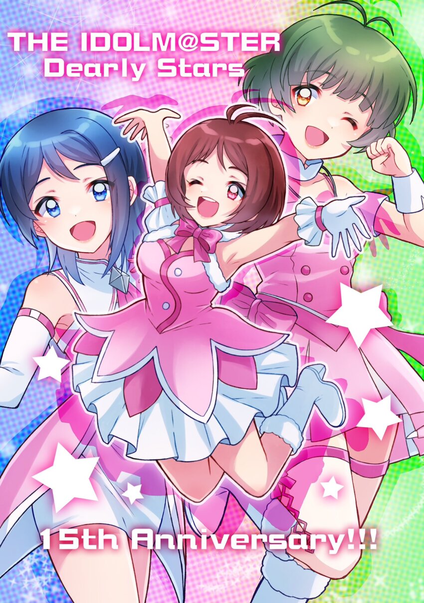 1boy, 2girls, 81_(mellowry), ahoge, akizuki_ryo, anniversary, antenna_hair, arms_up