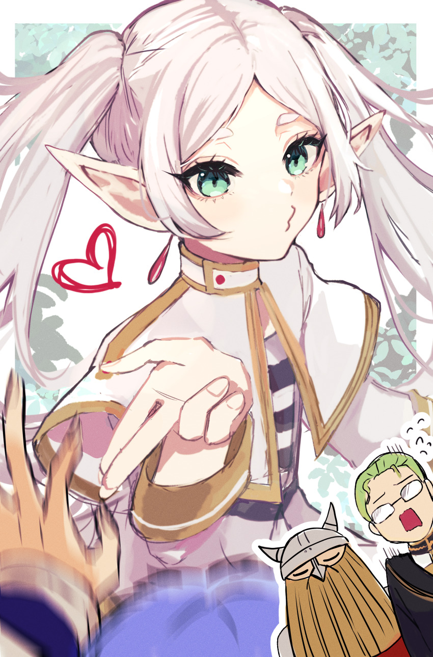 1girl, 3boys, absurdres, beard, blowing_kiss, blue_hair, capelet, closed_eyes