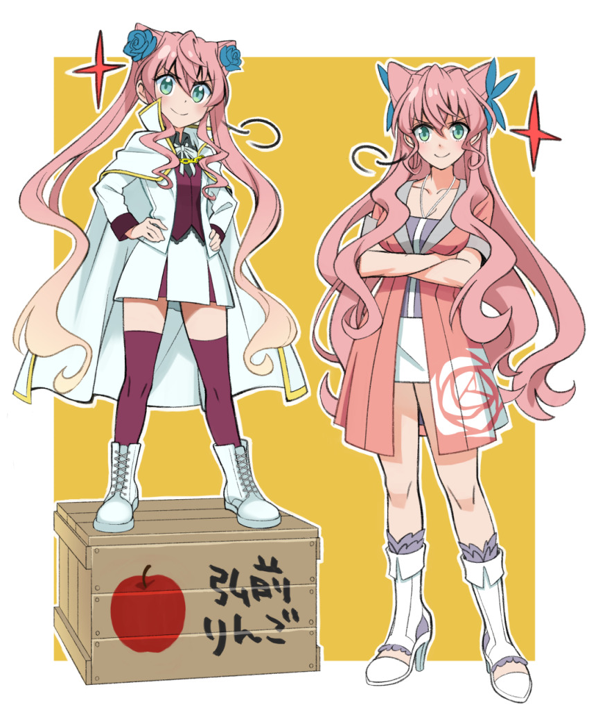 2girls, aged_down, box, breasts, green_eyes, hair_between_eyes, highres, huge_breasts, large_breasts, long_hair, looking_at_viewer, maria_cadenzavna_eve, maria_cadenzavna_eve_(another), multiple_girls, pantyhose, pink_hair, senki_zesshou_symphogear, simple_background, small_breasts, smile, thighhighs, twintails, ueyasu, very_long_hair