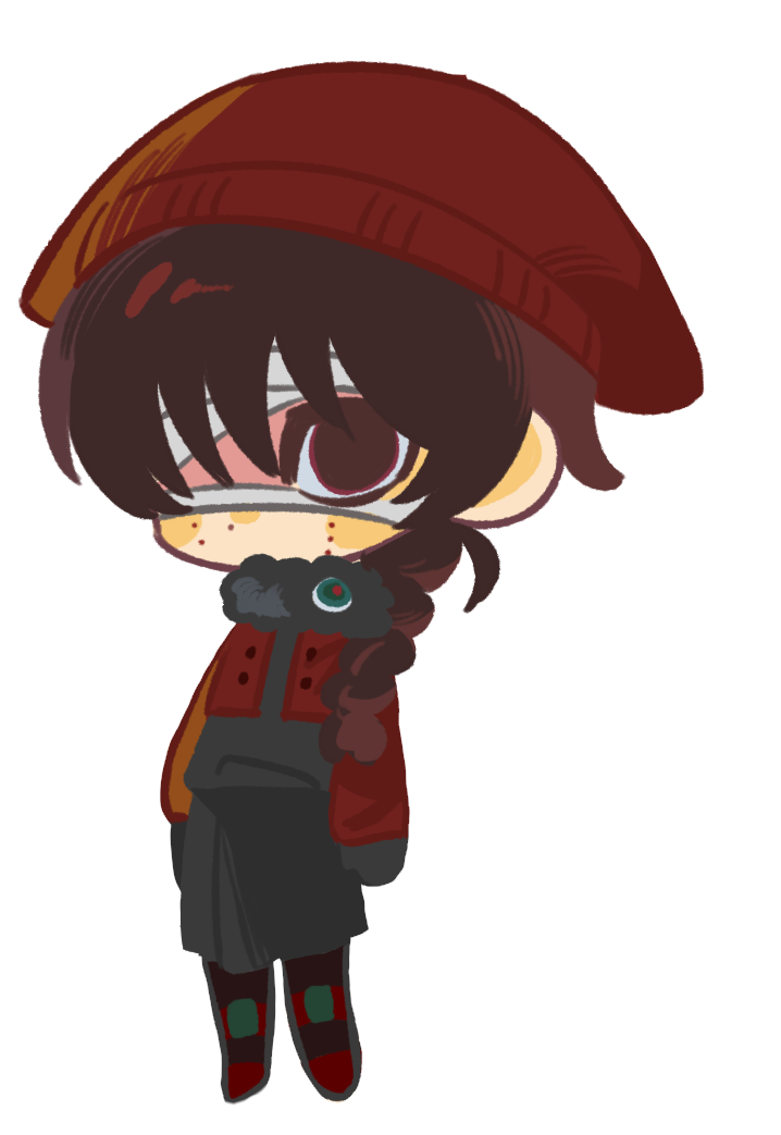 1717657, 1girl, bandage_over_one_eye, black_eyes, black_hair, black_pantyhose, black_shirt, black_skirt, blush_stickers, braid, cropped_jacket, deformed, facial_mark, hat, jacket, long_sleeves, open_clothes, open_jacket, pantyhose, red_hat, red_jacket, red_shoes, shirt, shoes, side_braid, simple_background, single_braid, skirt, solo, touqi_guaitan, white_background, wu_song_(female)_(touqi_guaitan)