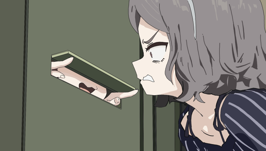 2girls, :d, brown_eyes, clenched_teeth, ebizuka_tomo, girls_band_cry, glaring, grey_hair