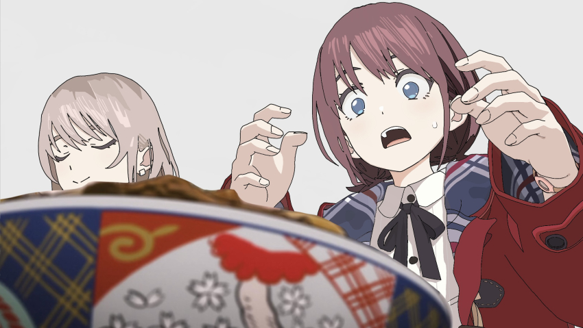 2girls, blue_eyes, closed_eyes, earrings, food, girls_band_cry, grey_hair, highres