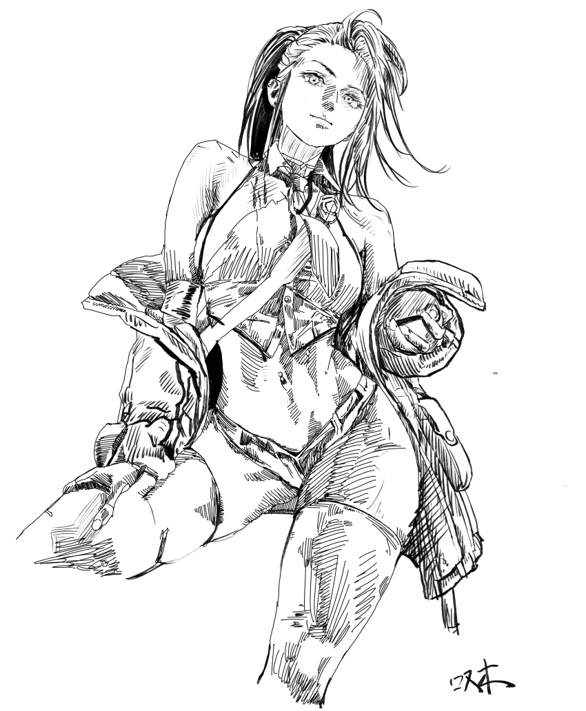 1girl, absurdres, bare_shoulders, breasts, cropped_legs, greyscale, highres, holding, holding_poke_ball, jacket, long_hair, looking_at_viewer, midriff, monochrome, navel, nemona_(pokemon), nintendo, off_shoulder, poke_ball, pokemon, pokemon_scarlet_and_violet, ponytail, simple_background, sketch, smile, solo, tanmu, white_background