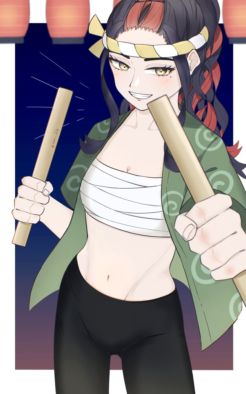 1girl, absurdres, alternate_costume, alternate_hairstyle, black_hair, breasts, carmine_(pokemon), chest_sarashi