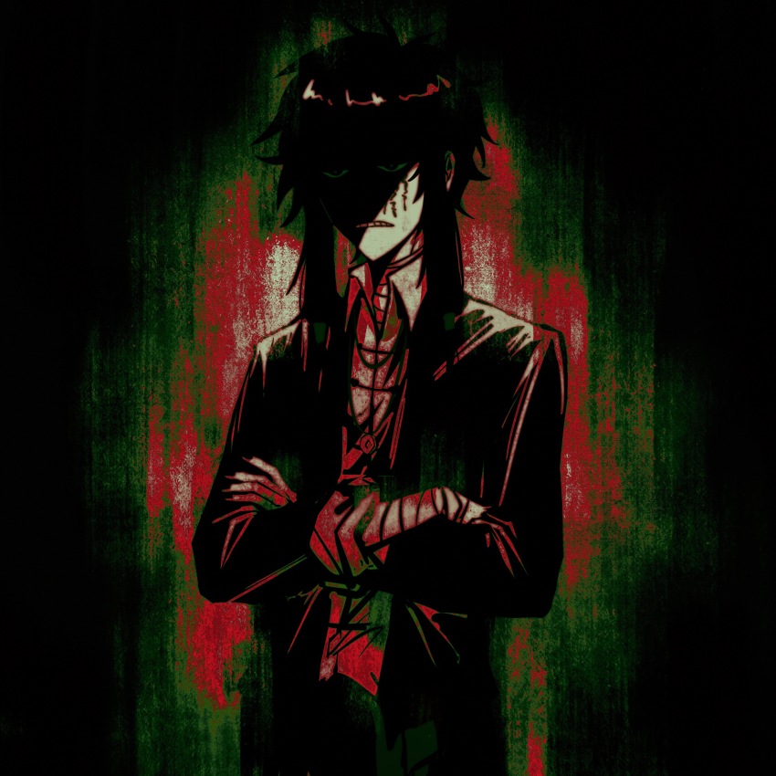 1boy, absurdres, bandaged_arm, bandages, chinese_commentary, collared_shirt, commentary_request, crossed_arms