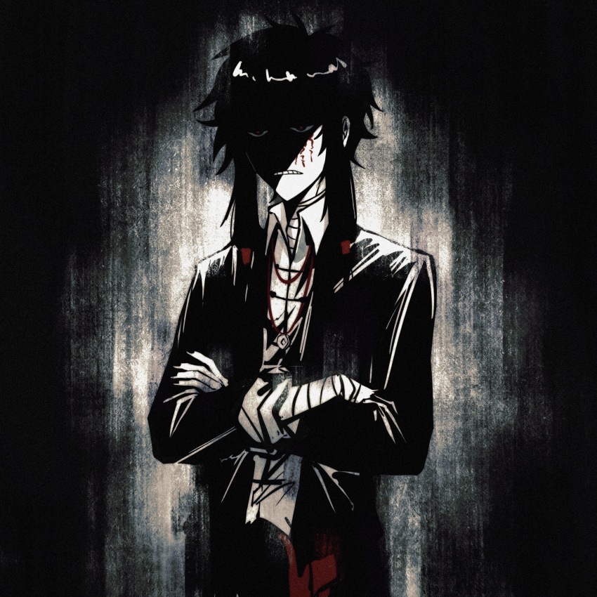 1boy, absurdres, bandaged_arm, bandages, chinese_commentary, collared_shirt, commentary_request, crossed_arms