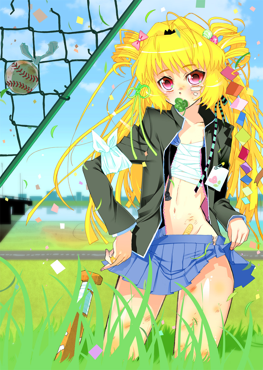 1boy, bad_id, bad_pixiv_id, baseball, baseball_bat, blonde_hair, blush, drill_hair