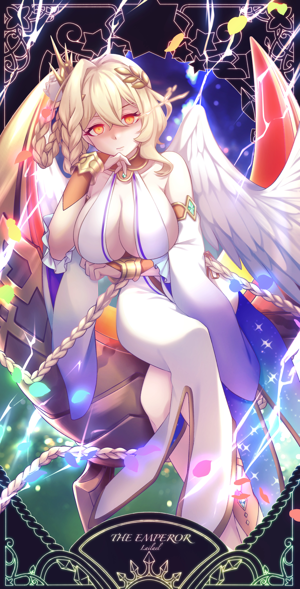 1girl, altheavin, angel_wings, armlet, blonde_hair, bracer, breasts, bridal_gauntlets