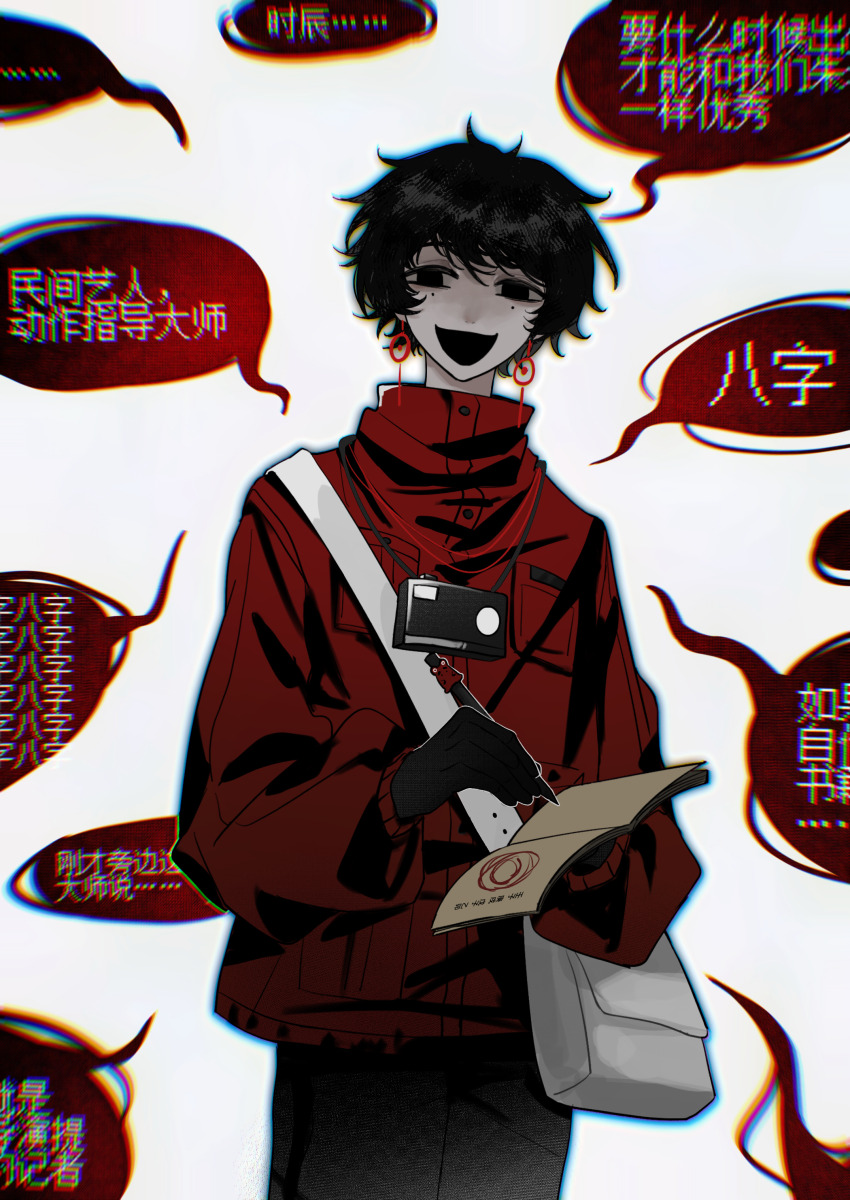 :d, absurdres, black_eyes, black_gloves, black_hair, black_pants, camera, camera_around_neck