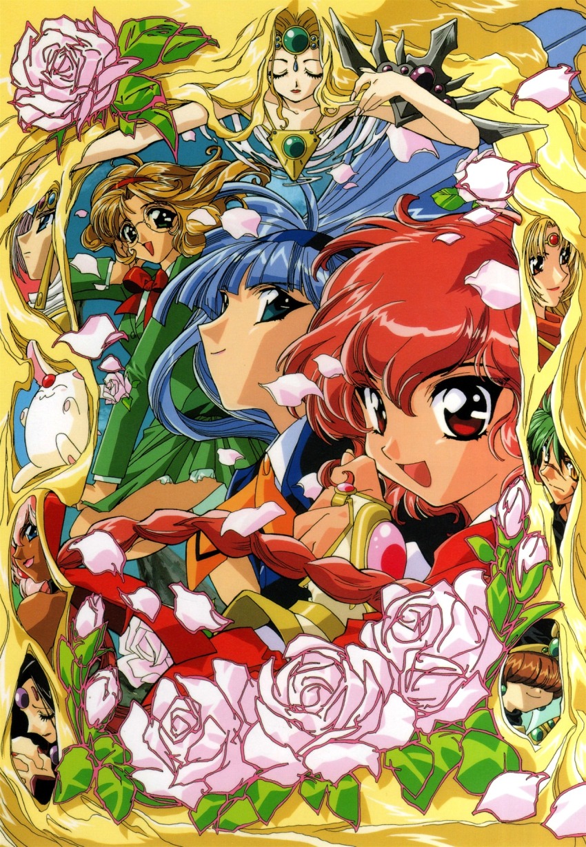 1990s_(style), 3boys, 6+girls, alcyone_(rayearth), artbook, ascot_(rayearth), blonde_hair, blue_eyes