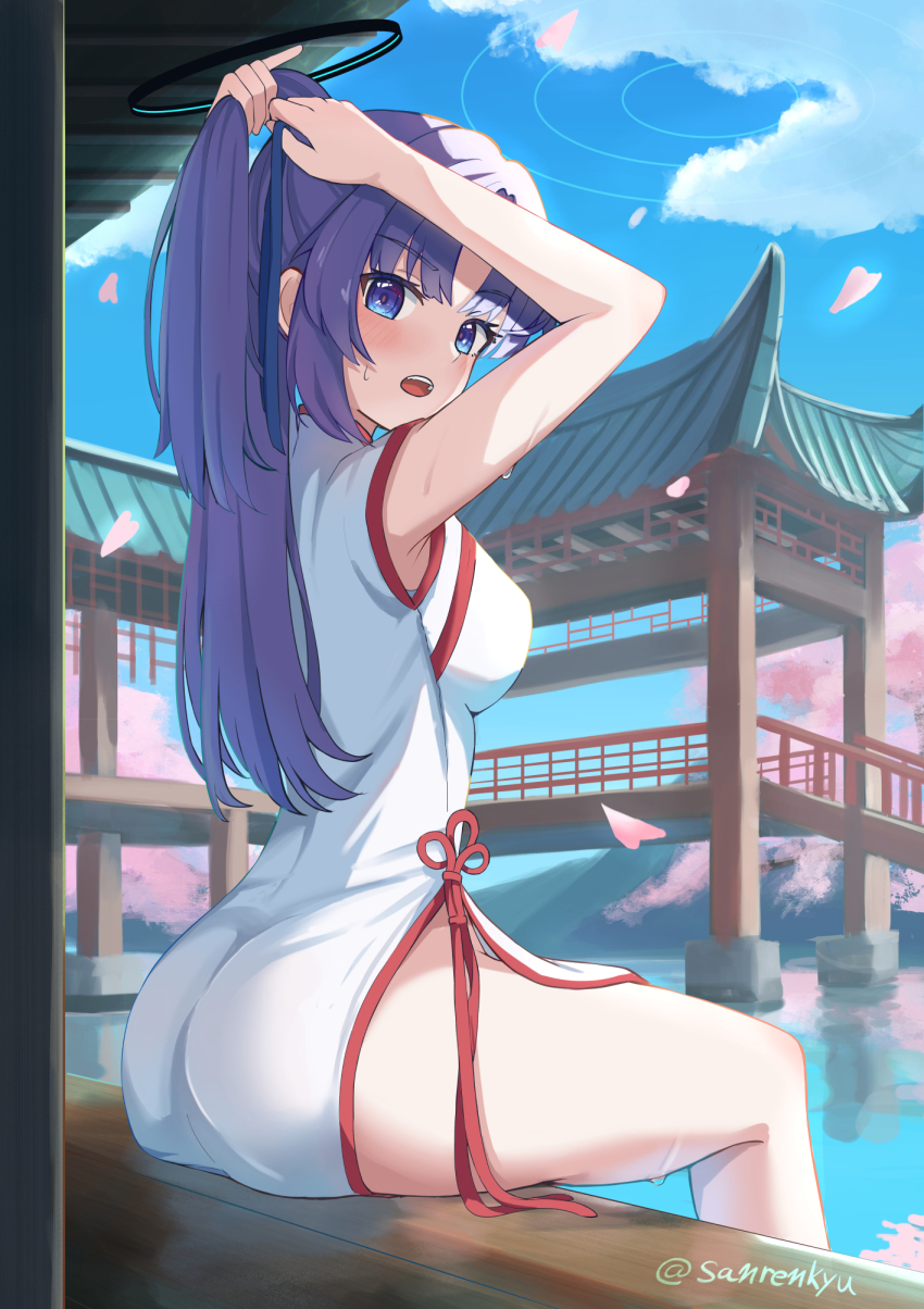 1girl, alternate_costume, alternate_hairstyle, architecture, arms_up, ass, bare_arms, blue_archive, blue_eyes, blue_ribbon, blue_sky, blush, breasts, bunching_hair, caught, china_dress, chinese_clothes, clothing_cutout, cloud, colored_eyelashes, commentary_request, commission, curvy, day, doku-doku, dress, east_asian_architecture, eyelashes, falling_petals, feet_out_of_frame, from_side, hair_ribbon, hairdressing, halo, highres, hip_vent, holding, holding_ribbon, large_breasts, long_hair, looking_at_viewer, mechanical_halo, no_panties, open_mouth, outdoors, parted_bangs, petals, ponytail, red_pupils, ribbon, sidelighting, sitting, skeb_commission, skindentation, sky, sleeveless, sleeveless_dress, solo, surprised, sweat, teeth, thighs, upper_teeth_only, v-shaped_eyebrows, water, white_dress, yuuka_(blue_archive)