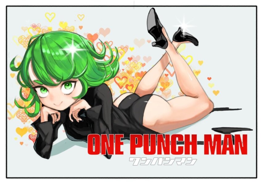 1girl, ass, black_dress, breasts, commentary, copyright_name, dress, feet_up