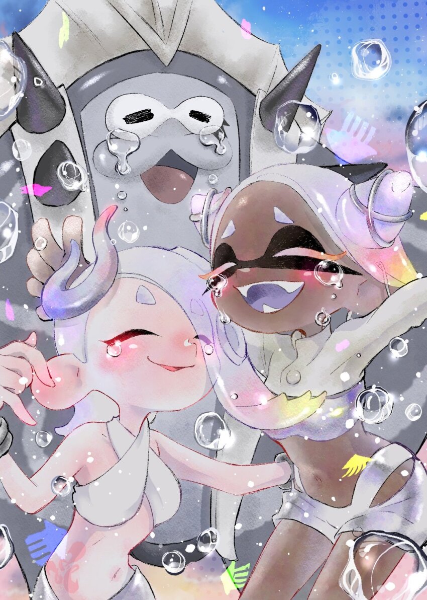 2girls, =_=, atataka_soranko, big_man_(grand_festival)_(splatoon), big_man_(splatoon), breasts, colored_eyelashes, commentary_request, crying, dark-skinned_female, dark_skin, frye_(grand_festival)_(splatoon), frye_(splatoon), furrowed_brow, hair_horns, hair_ornament, highres, inkling, manta_ray, medium_hair, multiple_girls, navel, nintendo, octoling, official_alternate_costume, open_mouth, shiver_(grand_festival)_(splatoon), shiver_(splatoon), short_eyebrows, smile, splatoon_(series), splatoon_3, tearing_up, tentacle_hair, thick_eyebrows, x_hair_ornament
