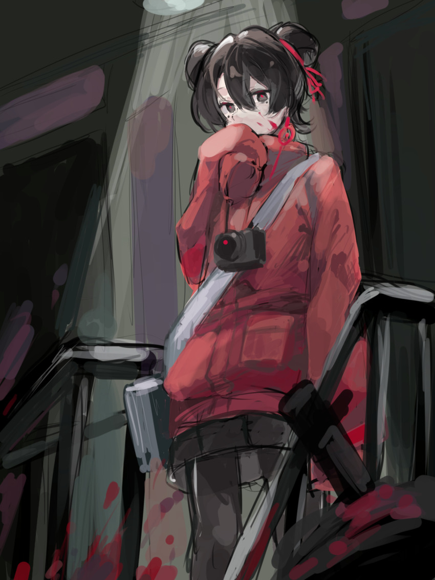 1girl, black_eyes, black_hair, black_pantyhose, black_skirt, blood, blood_on_face, camera