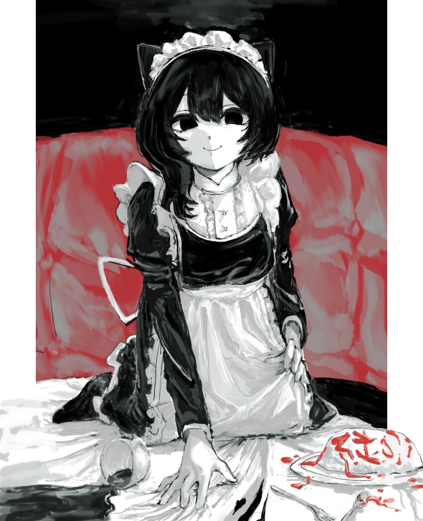 1girl, 3h3983, absurdres, animal_ears, apron, black_dress, cat_ears, cat_girl, center_frills, chikyuu_no_ura_(cevio), closed_mouth, coffee, coffee_mug, commentary_request, couch, cup, dress, empty_eyes, food, food_writing, frills, hair_over_shoulder, highres, holding_own_dress, iyowa_girls, ketchup, kneeling, long_hair, long_sleeves, looking_at_viewer, maid, maid_apron, maid_headdress, mug, omelet, omurice, on_table, outside_border, partially_colored, pillarboxed, shirt, smile, solo, spill, table, tablecloth, ura_(iyowa)