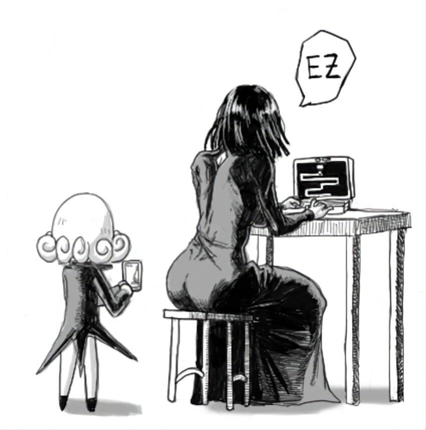 2girls, ass, breasts, cellphone, chibi, commentary, computer, curly_hair