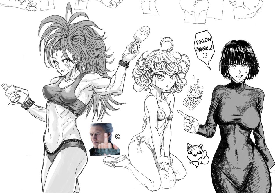 bandaid, bandaid_on_cheek, bandaid_on_face, bikini, bottle, breasts, bubble_tea, captain_mizuki, commentary, covered_navel, curly_hair, devil_may_cry_(series), devil_may_cry_5, dress, english_commentary, food, fubuki_(one-punch_man), greyscale, holding, holding_bottle, holding_food, holding_popsicle, impossible_clothes, impossible_dress, large_breasts, long_dress, medium_breasts, middle_finger, monochrome, navel, nnsee_d, one-punch_man, petite, pointing, popsicle, saitama_(one-punch_man), siblings, side-tie_bikini_bottom, sisters, sketch, sports_bra, sweat, sweatdrop, swimsuit, tatsumaki, telekinesis, vergil_(devil_may_cry), watermark