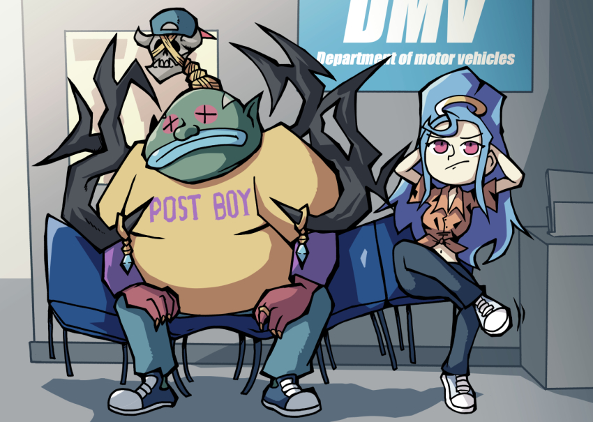 1boy, 1girl, amazon_pandora, backwards_hat, baseball_cap, bench, blue_hair, collared_shirt