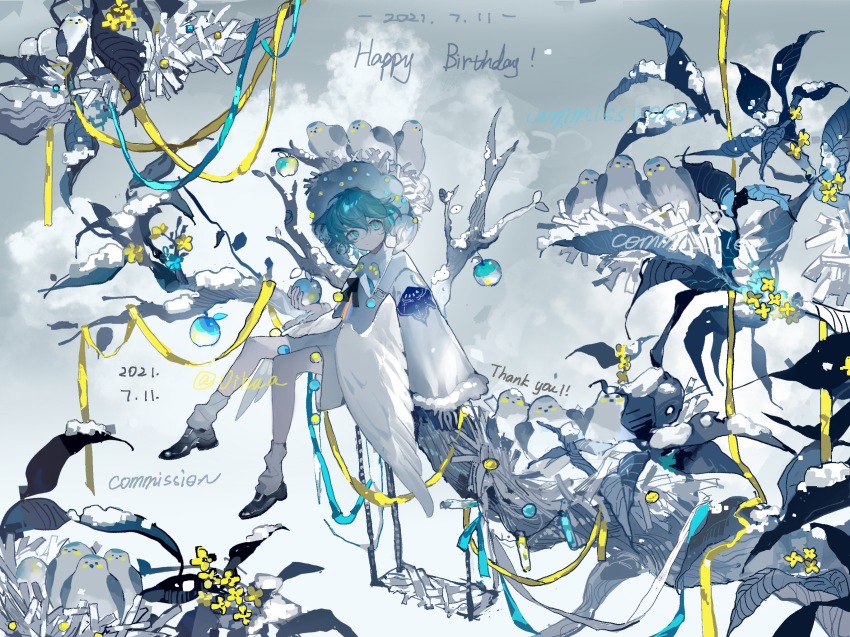 1girl, apple, bird, bird_nest, black_shoes, blue_apple, blue_eyes, blue_hair