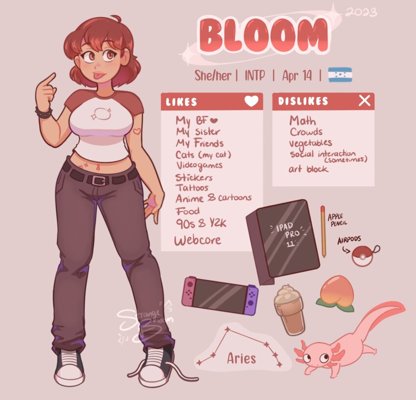 1girl, 2023, artist_self-insert, axolotl, berry_(pokemon), black_pants, bracelet, breasts