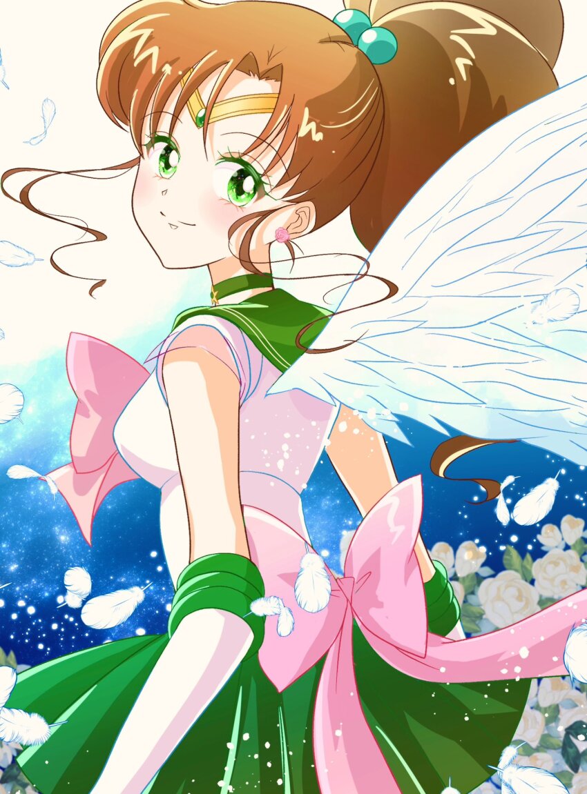 1girl, angel_wings, bishoujo_senshi_sailor_moon, breasts, brown_hair, closed_mouth, earrings, feathers, flower, gloves, green_eyes, high_ponytail, highres, jewelry, kino_makoto, long_hair, looking_at_viewer, medium_breasts, ponytail, sailor_jupiter, sailor_senshi_uniform, shiiba_itsuki, shinohara_emi, signature, smile, solo, upper_body, voice_actor_connection, white_gloves, wings